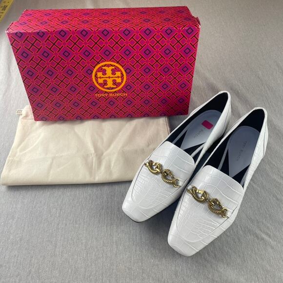 Tory Burch Jessa Heeled Loafer Croc Embossed Leather Loafer 8 Gardenia - Picture 1 of 13